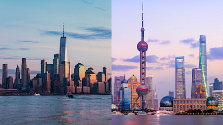 Wirtschaftsmetropolen New York (links) und Shanghai (rechts) (Bilder: Unsplash)