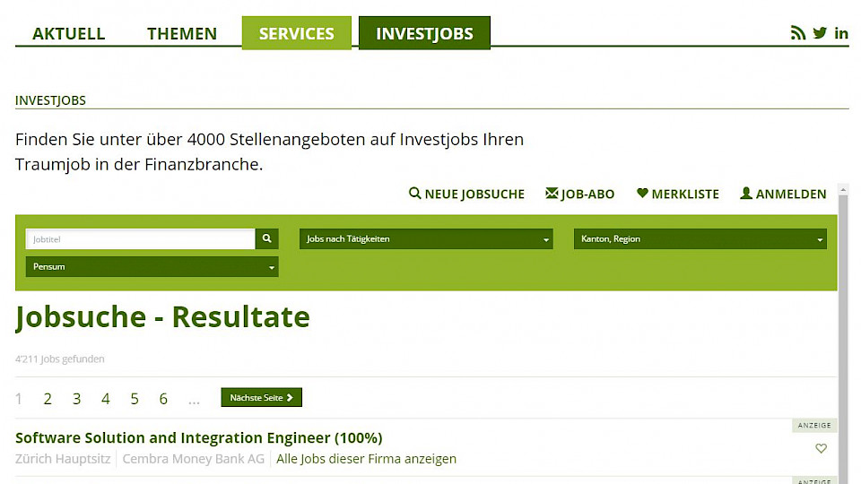 Ein Auszug aus dem neuen Jobportal "Investjobs".