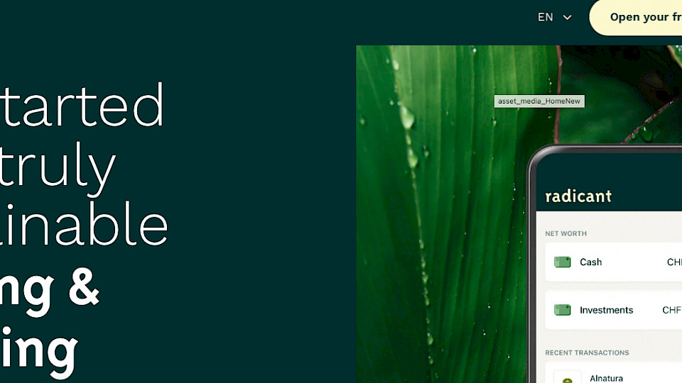 Radicant will die erste komplett digitale «Nachhaltigkeits-Bank» sein. (Bild Screenshot)