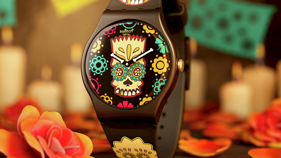 Zum bevorstehenden Halloween lanciert Swatch neue farbenfrohe Uhren aus der Simpsons Kollektion (Bild: Swatch).
