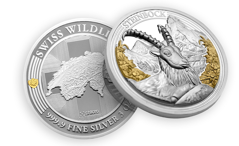 philoro brachte eine neue Silber-Serie auf den Markt, die «Swiss Wildlife Edition». Den Auftakt macht der Steinbock, der mit seinem rauen Lebensraum in den Alpen besondere Stärke und Ausdauer verkörpert. Die exklusive Prägung zu 3 Unzen (93,31 Gramm) Feinsilber verfügt über teilvergoldete Edelweissblüten am Rand. Das Sammlerobjekt ist in polierter Platte geprägt. Diese ist bei Sammlern besonders begehrt und zählt zu den aufwändigsten Herstellungsverfahren einer Münze (Bild: philoro).